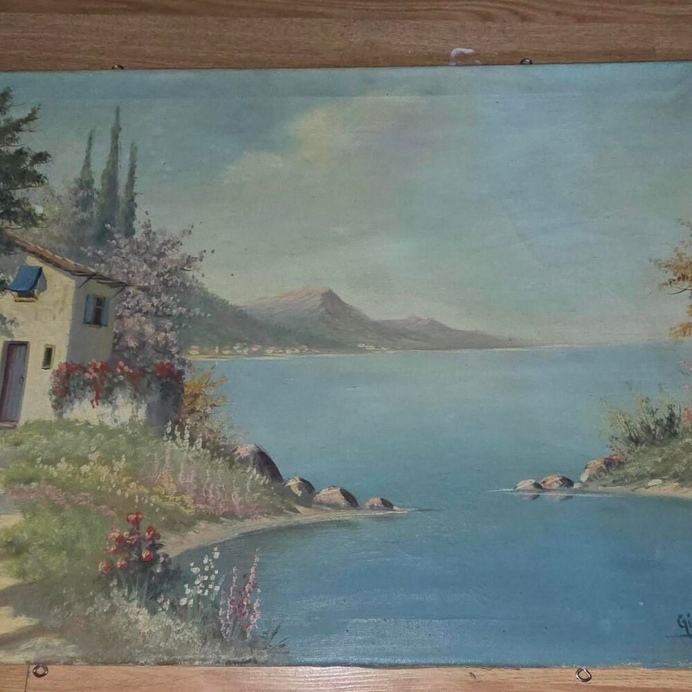 1950s Italian Lake Cottage Landscape Oil Painting Giac Finkoni 24x31cottagecore